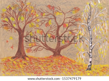 Golden autumn, listopad. Children 's drawing, pastel, paper Zdjęcia stock © 
