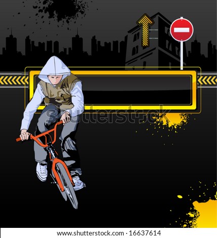 Urban vector background with bicycle and a man
