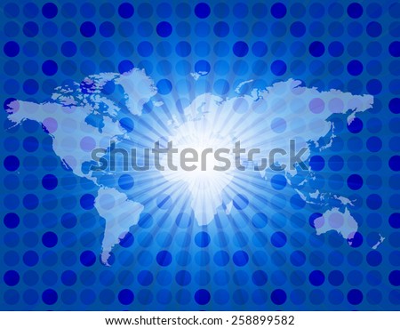 Cool blue retro star-burst background with world map