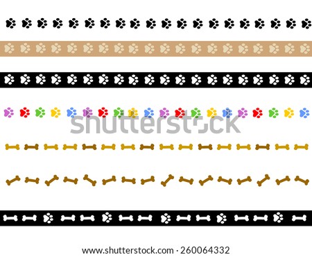 Colorful dog paw prints and dog bone divider collection on white background