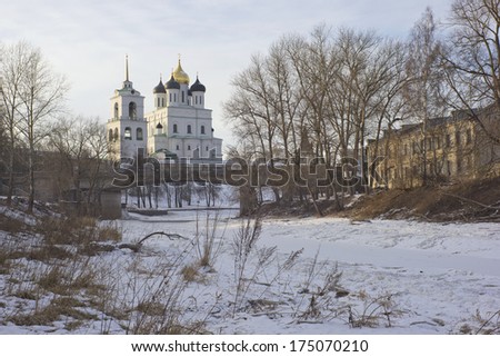 Winter landscape with Trinity cathedral in Pskov, Russia