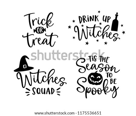Set of handlettered Halloween phrases. Spooky auumn quotes with witches hat and scary pumpkin silhouette. Party lettering, calligraphy. Fall vector illustrations.
