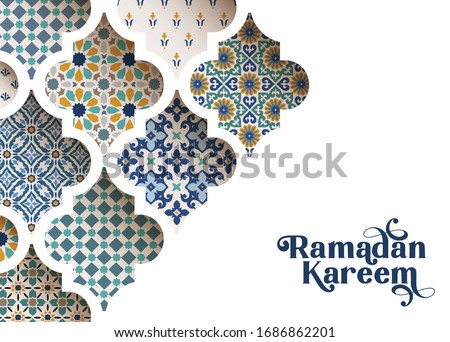 Close-up of colorful ornamental arabic tiles, patterns through white mosque window. Greeting card, invitation for Muslim holiday Ramadan Kareem. Vector illustration bacground, modern web banner.