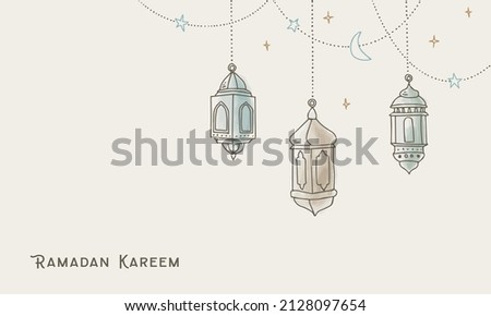 Garlands with hanging colorful arab lanterns, stars and lights. Greeting card, invitation for muslim holiday Ramadan Kareem. Party decoration. Hand drawn ector illustration background. Watercolor art. Stockfoto © 