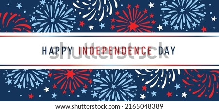 Happy Independence day, 4th July national holiday. Festive greeting card, invitation. Hand drawn fireworks in USA flag colors. Blue vector illustration background, web banner. Memorial, labor day.
