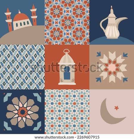 Ramadan Kareem greeting card, invitation template. Hand drawn lantern, moon, coffee pot and mosque. Traditional Moroccan star patterns, mosaic. Muslim holiday Eid el Fitr. Festive square web banner.