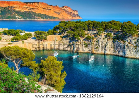 Fantastic vacation place, stunning viewpoint on the cliffs, Calanques de Port Pin bay with yachts and sailing boats, Calanques National Park near Cassis, Provence, South France, Europe Photo stock © 
