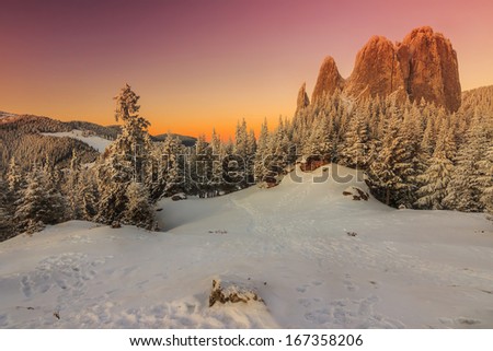 Magical panorama,winter landscape,Lonely Rock,Carpathians,Romania
