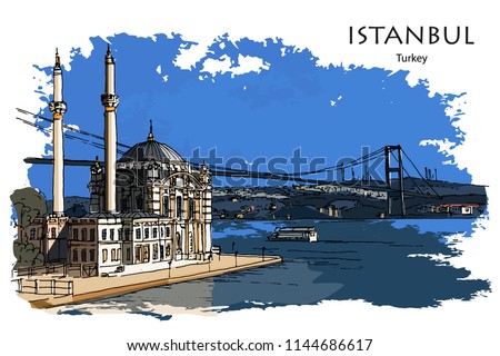 ORTAKÖY MOSQUE ALONG THE BOSPHORUS, ISTANBUL, TURKEY – Hand drawn sketch