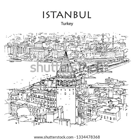 GALATA TOWER AND BRIDGE, ISTANBUL, TURKEY – Panoramic view to Golden Horn. Hand drawn sketch