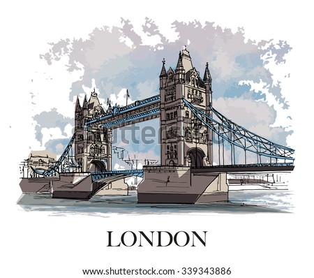 TOWER BRIDGE, LONDON, UK: Panoramic view to the Tower Bridge, iconic symbol of London. Hand drawn sketch, illustration. Poster, postcard, calendar
