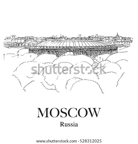 LUZHNIKI STADIUM, MOSCOW, RUSSIA: Panoramic view to the Luzhniki sport stadium from the observation deck near Moscow University. Hand drawn sketch