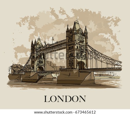 TOWER BRIDGE, LONDON, UK: Panoramic view to the Tower Bridge, iconic symbol of London. Hand drawn sketch, illustration. Poster, postcard, calendar