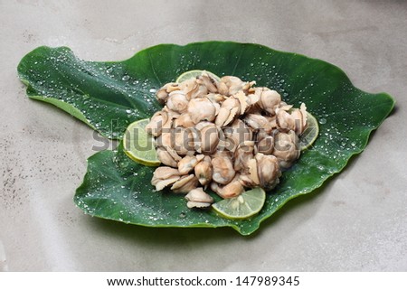 fresh water clams on fresh green leaf with water drops.