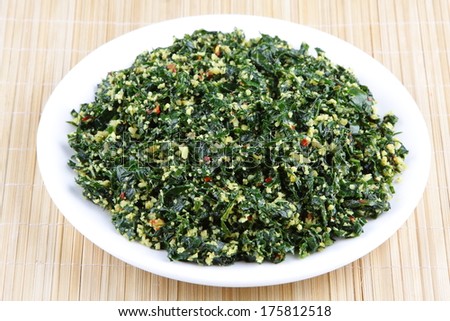 Curry dish made of Moringa leaf.The leaves are the most nutritious part of the plant,   source of vitamin C beta-carotene, vitamin K, manganese and protein, among other essential nutrients.