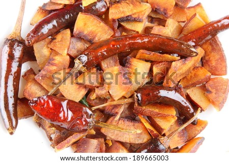 Close up of Hot chips,Deep frayed Spice Red Hot Chilly pepper with coconut pieces.A popular side dish with meal.
