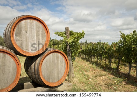 Barrels of wine in Tuscany vineyard in the Chianti Valley