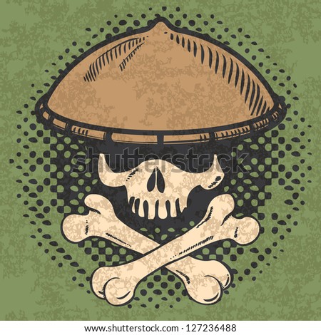 Skull and cross-bone with asian hat on a textured green background. Objects are grouped in layers for easy editing and uses transparencies.