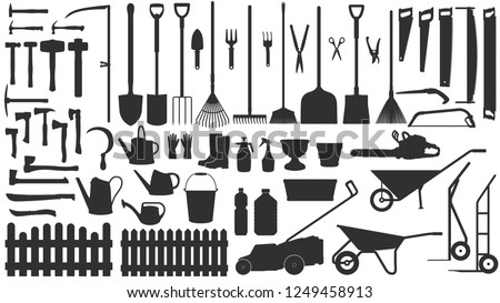 Garden tools. Vector silhouettes set: shovels, axes, hammers, saws, watering cans, carts, rakes, choppers, pots and scissors. Large collection of garden equipment. Black contours isolated on white.