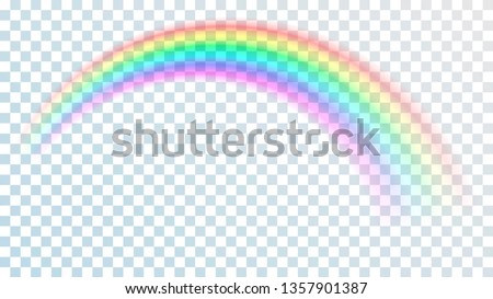 Colored transparent rainbow. Vector illustration. Perspective diagonal view. Multicoloured circular arc. Beautiful meteorological phenom occurring after rain. Fantasy symbol of good luck.