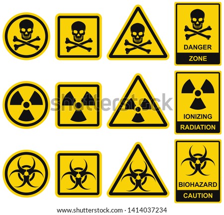 Danger sign. Set of vector icons. Hazard and warning symbols: radiation ionization, biohazard caution and danger zone. Collection of universal recognisable signs: bones with  skull, radioactivity.