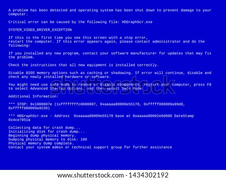 Blue screen of death - BSOD. Critical error message. White technical text on a blue background. Vector template for computer error alert.  Concept of diagnostics service and personal computer repair.