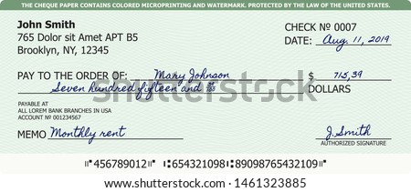 Bank check. Vector template with filled handwritten text. Guilloche pattern with watermark on the light green background. Bank cheque for illustration payment documents or financial transactions. 