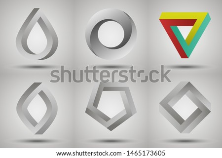 Impossible shapes set: triangle, circle, square, oval.  Vector geometric illusions with shadows. Mobius strip style. Different impossible figures as a symbol of infinity and cyclicity. Logo template.