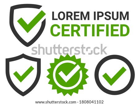 Certification. Set of badges confirming the product certification. Vector symbols for printing on packaging or web design element. Green check marks in a black stylized frame. Universal icons.