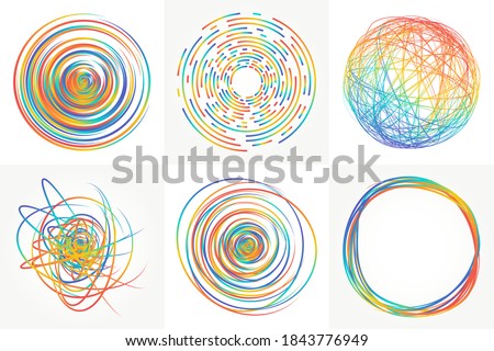 Colored scribble elements and doodles. Set of vector textures. Tangled background for creative labels and vibrant frames. Bright multicolored circles, spheres and round shapes. Hand drawn scribbles. Photo stock © 