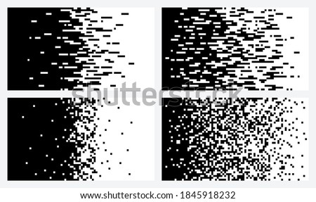 Pixel halftone gradient. Abstract vector background with random mosaic texture. Different color change options, smooth and sharp shapes. Monochrome geometric background with halftone pixel  texture.