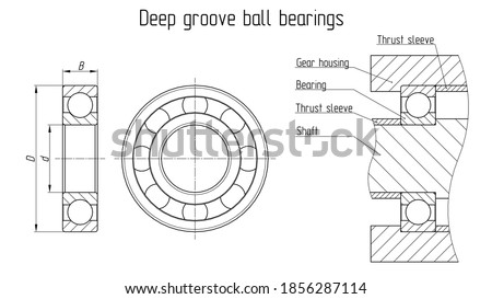 Deep groove ball bearing. Front view, section and assembly drawing. Vector sketch on a white background. Ball bearing reduce rotational friction and support radial loads through races and balls.