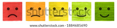 Emotion feedback scale from angry to happy. Red, orange, yellow, light green and green square with vector imitation of watercolor texture. Faces with emotions: angry, sad, neutral, satisfied and happy
