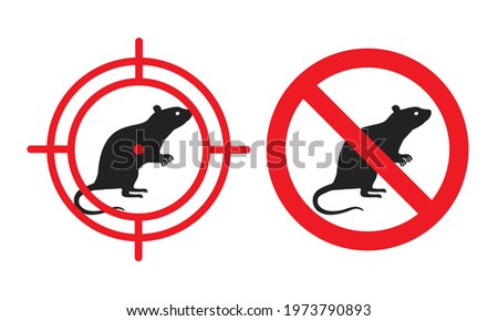 No rats. Vector emblem of deratization - the destruction of rodents, mice, voles and others. Sign for poisonous chemicals, rat and mouse traps. Crossed out rodent silhouette and crosshair mark. 