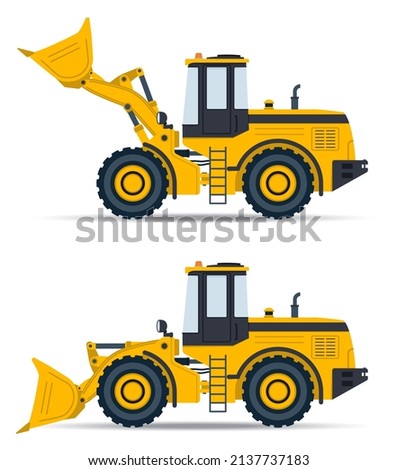 Front loader with two bucket positions - lowered and raised. Vector illustration for car motion animation. The concept of loading bulk materials into a vehicle.