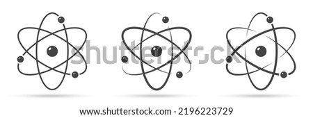 Atom icon. Set of vector symbols, different drawing options. Universal models of molecular structure for scientific articles and concepts. Electrons in orbits revolve around the nucleus.