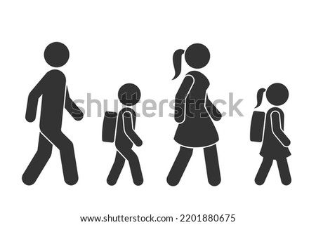 Walking man, woman, boy and girl icons. Vector sign for pedestrian crossing or warning symbol. Icon set of people moving forward, side view.