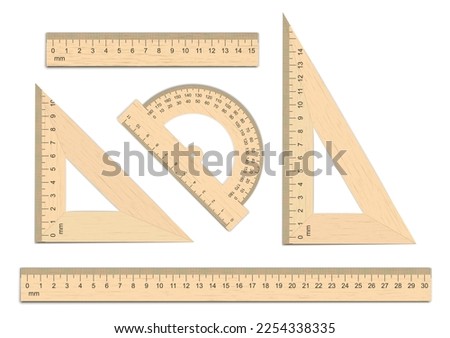 Wooden ruler, triangle and protractor. Set of realistic vector illustrations with texture and shadow. School measuring tool for drawing even straight lines and measuring degrees.