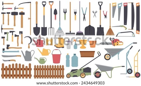 Garden tools. Big set of color isolated vector illustrations. Gardening equipment: shovel, rake, wheelbarrow, saw, scissors, fork, watering can and other agriculture elements. Garden tools collection.