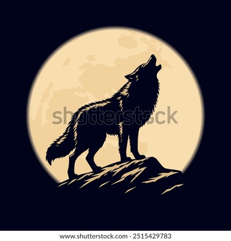 Wolf on a rock howling at the moon. Vector illustration with clear even forms. Mystical silhouette of a wolf for Halloween or scary story. Howling wolf - symbol of mystery, loneliness and despair.