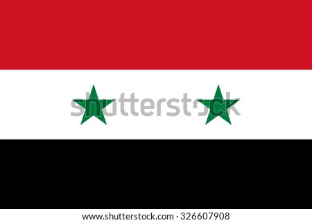 Flag of Syria. The official state symbol of the Syrian Arab Republic. Correct colors, sizes and proportions. Three stripes - red, white black. For political articles and news about Syria.