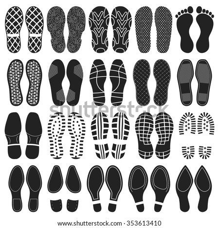 Shoes footprint vector set. Collection of soles imprint - bare feet, boots, slippers, shoes, trainers, sandals, sneakers. For drawing traces of man on the ground or symbols of human sport activity.