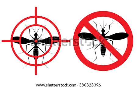 No mosquitos sign. Vector illustration for protection against insects. Slashed mosquito in  red circle or in the target. Stop  spread of malaria, tertian and yellow fever. 