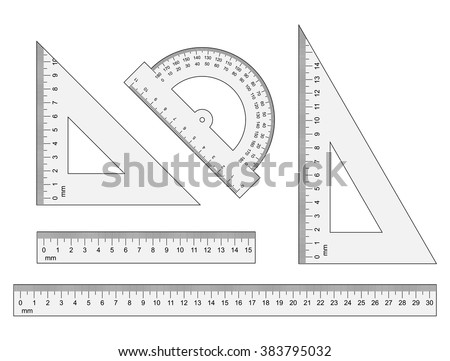 Set of measuring tools: rulers, triangles, protractor. Vector school  instruments isolated on white background. Correct form and sizes.  Metric system of measurements: centimeters and millimeters. ストックフォト © 