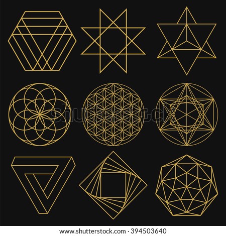 Sacred Geometry. Set of figures with sacred symbols and elements. Vector illustration. Mystical and esoteric forms: Flower of Life, Merkaba, Penrose triangle, pentagram, octagram. Spiritual logo.