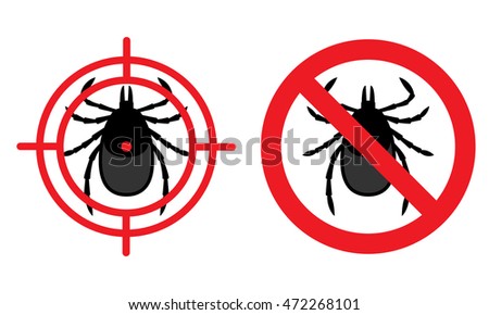 No mites sign. Crossed tick and acarus under crosshair. Vector illustration for repellent against harmful insects. Stop the spread of encephalitis and viral diseases.