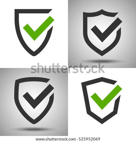 Shield with a checkmark. Protection and security symbol. Set of four vector icons. Safety confirmation.