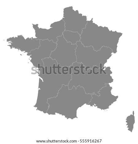 France map with borders of the regions. Detailed vector illustration of French Republic . Gray outlines isolated on white background. Image for political articles and official documents.