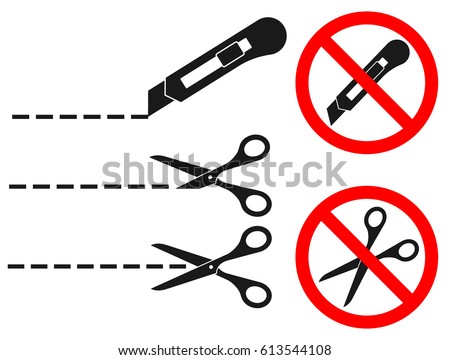 Cut line with scissors and stationery knife. Vector illustrations set. Sign prohibiting cutting packaging and parcels by knife and scissors. Black icons isolated on white. Stockfoto © 