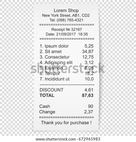 Paper receipt. Vector illustration with shadow isolated on transparent background. Check confirming payment for goods or services. Financial document with a shopping list. Lorem ipsum text.